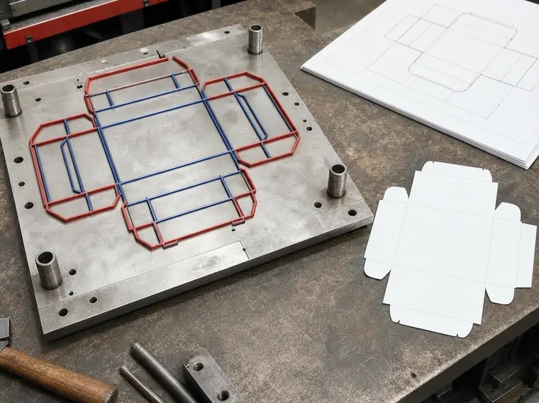Cutting die for a fluted carton beside a folded white dummy on a workbench